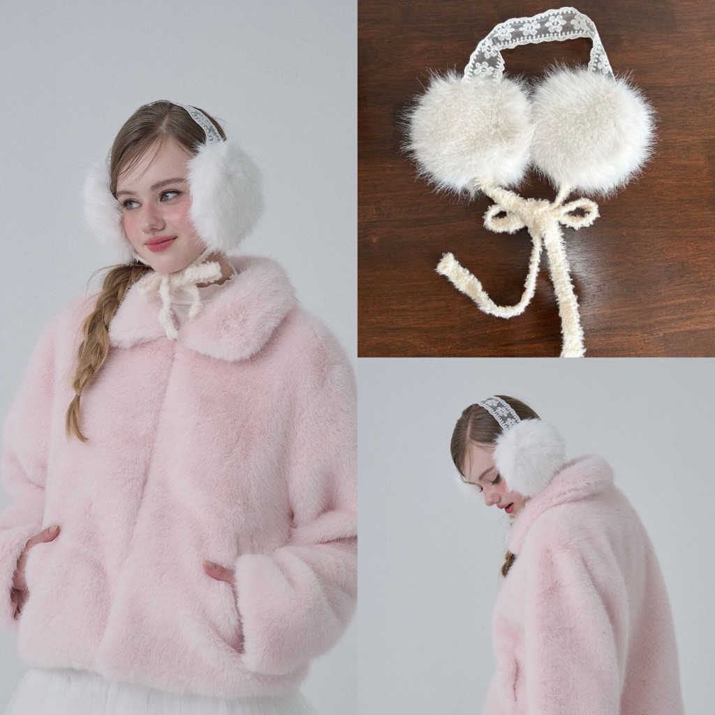 [umore.made] Lily Lace fur earmuff ที่ปิดหูลูกไม้บุเฟอร์ พร้อมสายผูกโบว์