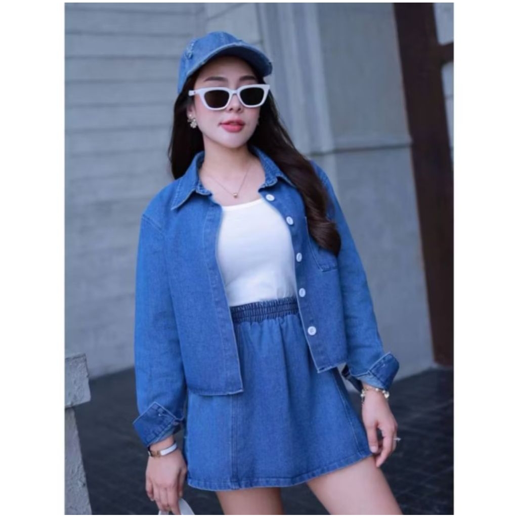 AN224-2XL เซต 3 ชิ้น เสื้อคลุมยีนส์ เสื้อกล้าม และกระโปรง ป้าย The Alner sz.2XL