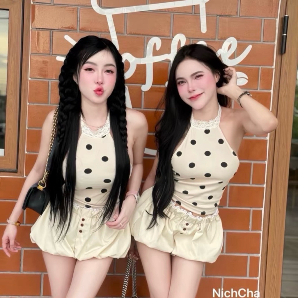 ชุด2ชิ้น งานตามหา ชุดเซ็ตกางเกงบอลลูน กางเกงพร้อมเสื้อคล้องคอ ชุดลายจุด🍒