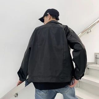 beerbroth-เสื้อแจ็คเก็ตหนังผู้ชาย หนังสีดำ แขนยาว ทรงหลวม สีพื้น แฟชั่นฤดูใบไม้ร่วงใหม่ สตรีทสไตล์อเมริกันย้อนยุค