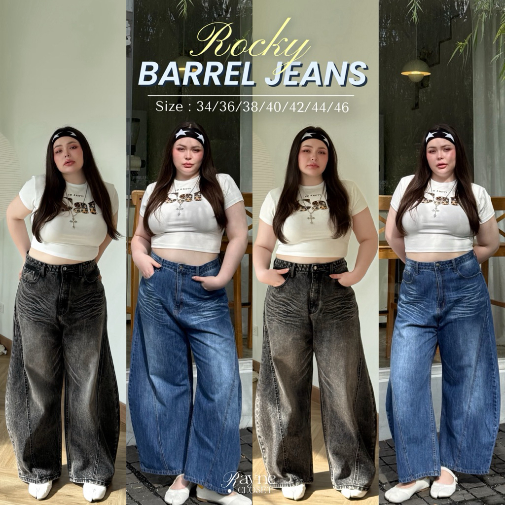 ROCKY BARREL JEANS - กางเกงยีนส์ทรงบอลลูน ขากระบอกใหญ่พิเศษ มีไซส์ 34-46“ (Plus-size)