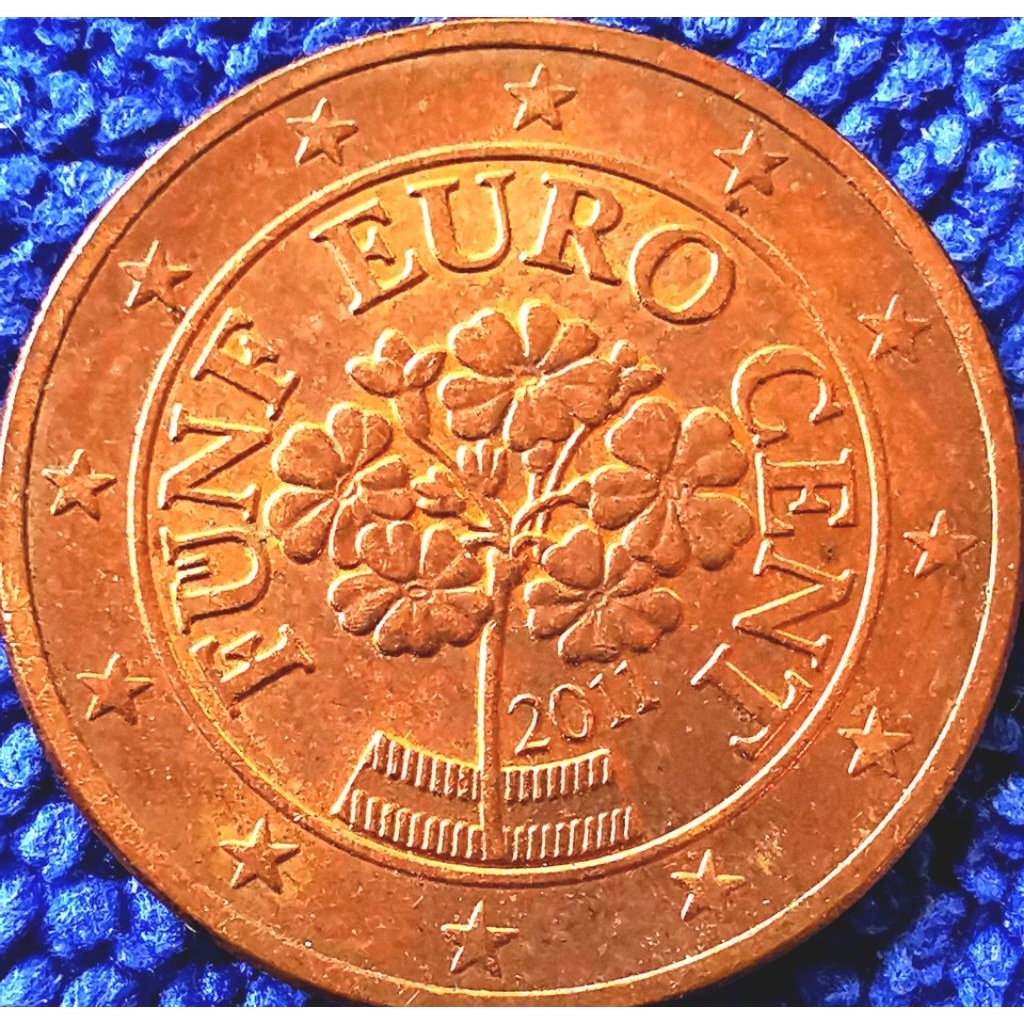 เหรียญ​ยูโร ออสเตรีย​ Austria​, 5 Euro​ Cent, #​1048, ใช้แล้ว