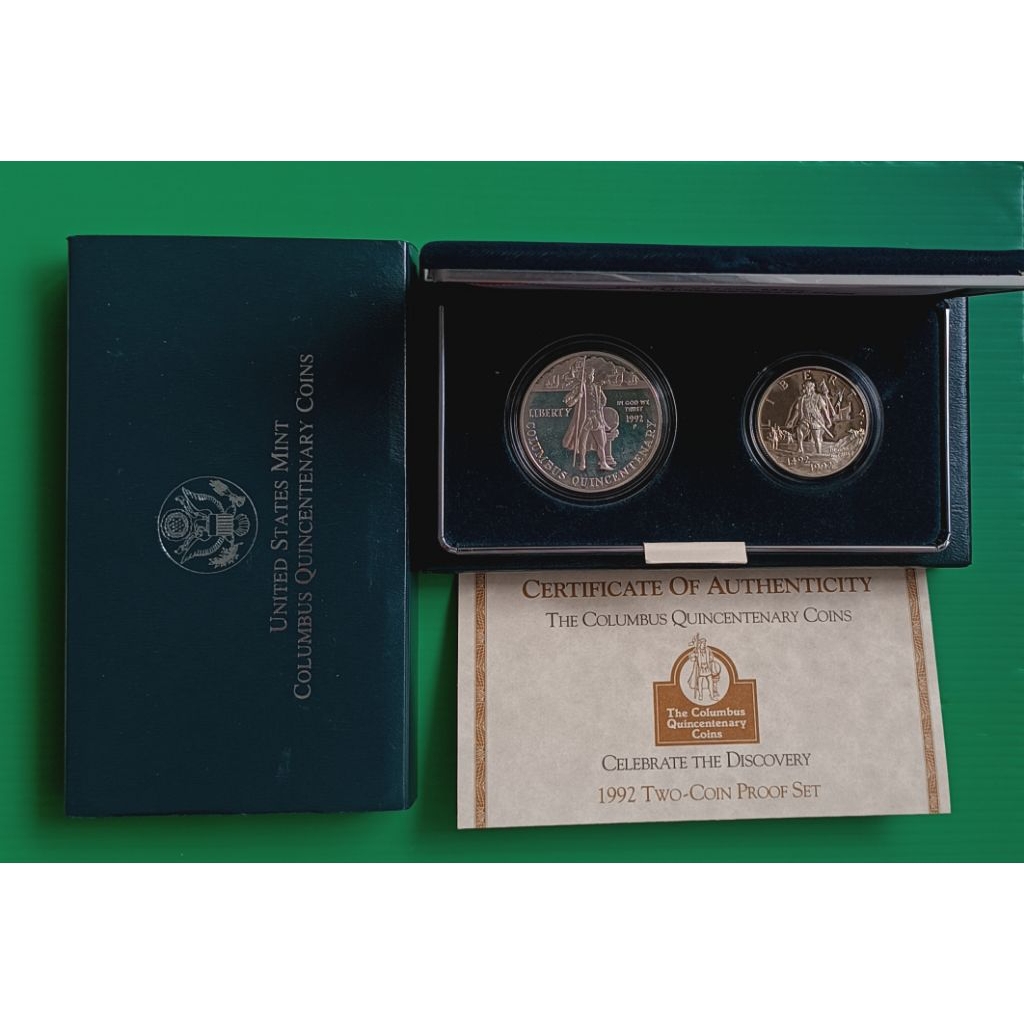 ชุดเหรียญ US Columbus Quincentenary Proof 2 Coins Set 1992-PS /Dollar เงินขัดเงา .900 Silver & Half 