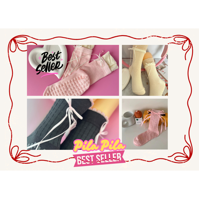 Pila Pila pilates Socks ถุงเท้าพิลาทิส มีกันลื่น แต่งโบว์ สไตล์ บัลเล่ต์ ข้อกลาง
