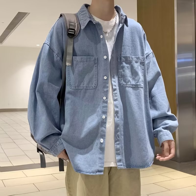 เสื้อยีนส์ย้อนยุคญี่ปุ่น สีฟ้าอ่อน เสื้อแจ็คเก็ตแขนยาวหลวมอินเทรนด์ใหม่ ผู้ชายและผู้หญิงสามารถสวมใส่ได้