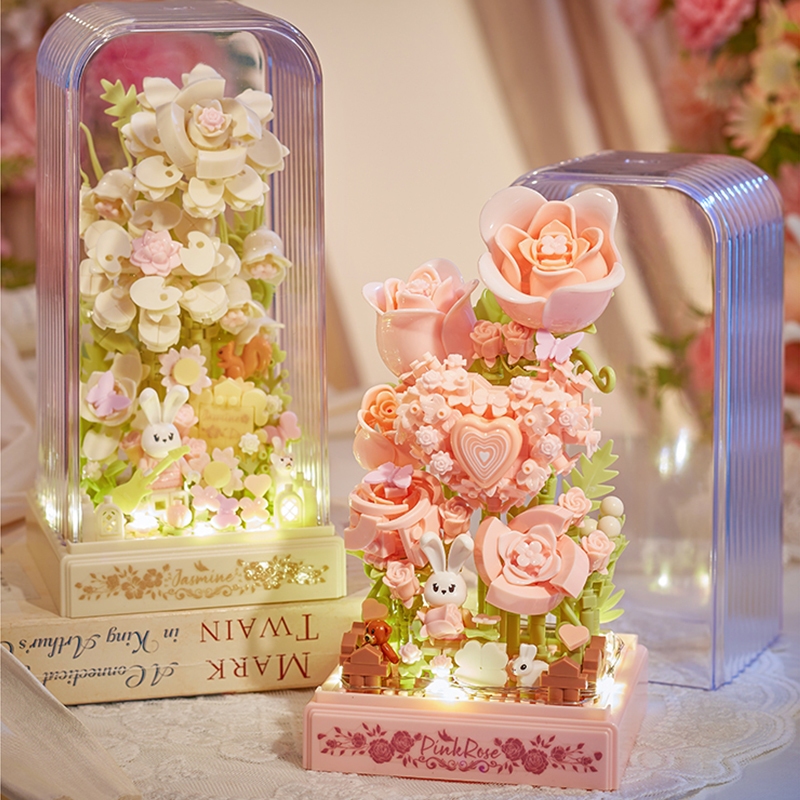 ตัวต่อดอกไม้ ดอกมะลิ ดอกกุหลาบ พร้อมฝาครอบ บล็อกตัวต่อดอกไม้ ดอกไม้มีไฟ ของขวัญวันเกิด