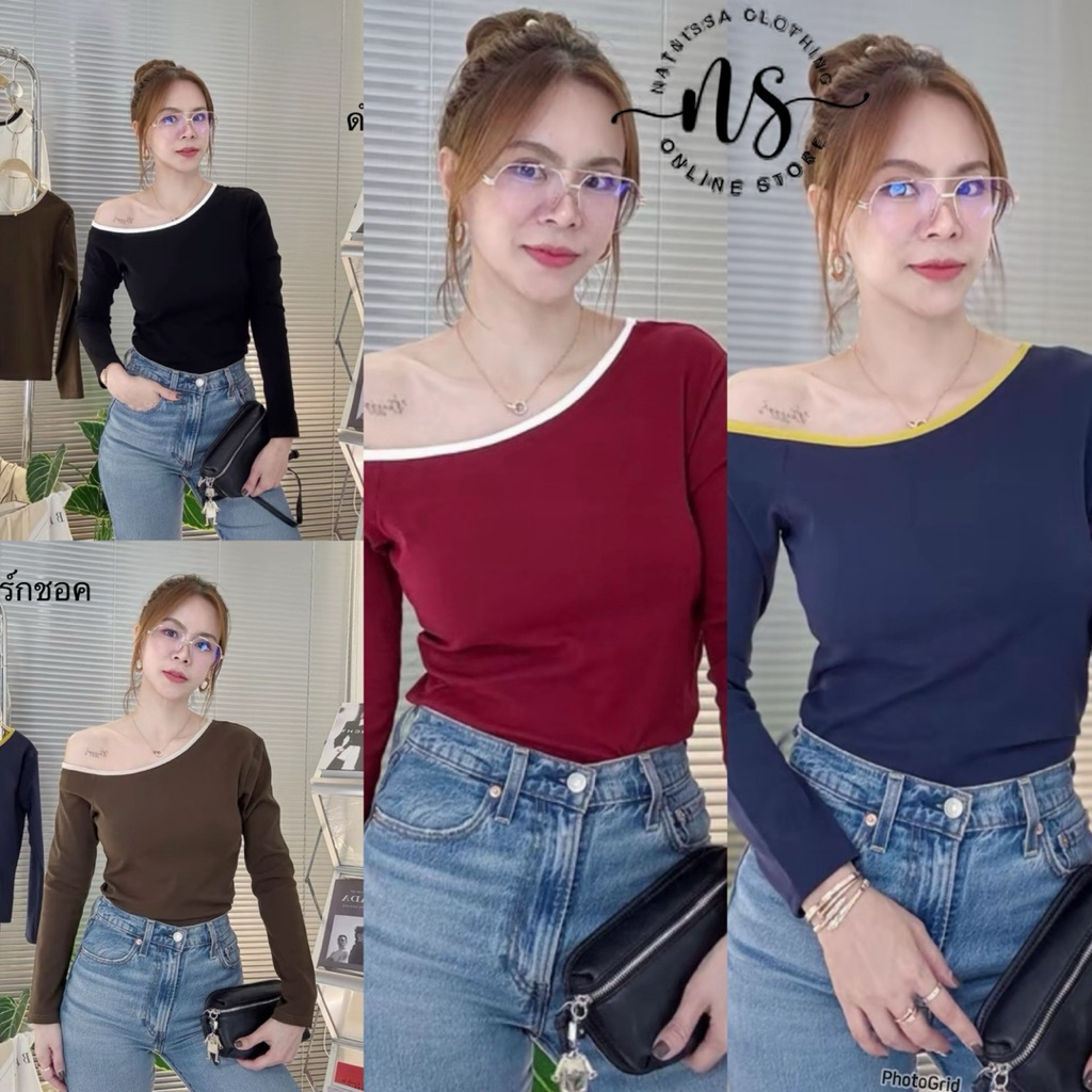 035 เสื้อยืด แขนยาว ไหล่เบี่ยง อก 36-42 (อกหน้าผ้า 36) เสื้อยืดเปิดไหล่ แฟชั่นผู้หญิงผ้ายับยากไม่ต้องรีด