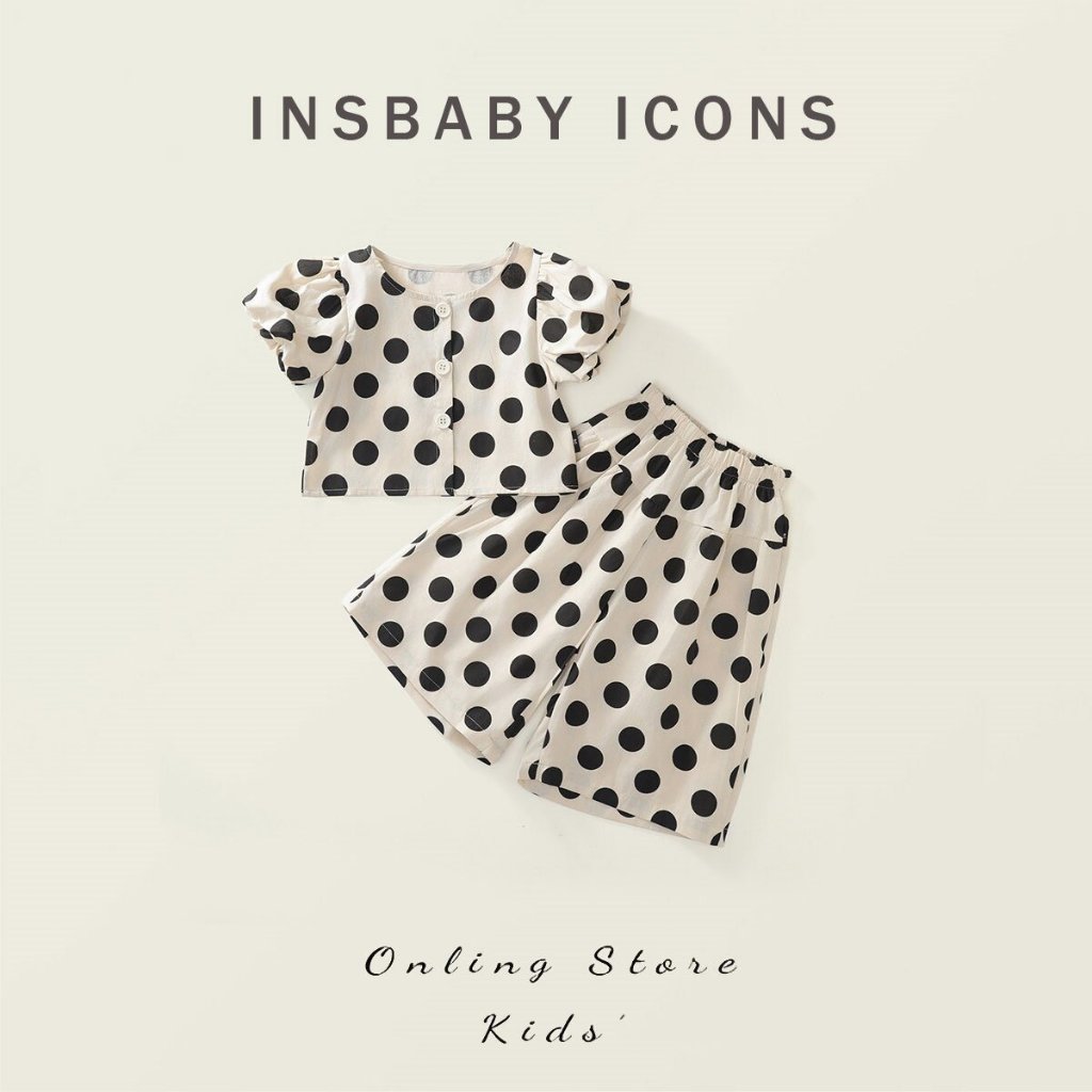 INSbaby🔥พร้อมส่ง🔥ชุดเด็กผู้หญิง ชุดเซตเสื้อจุดปุ๊กปิ๊กกับกางเกงฟูฟ่อง สไตล์เกาหลี ใส่สบาย 1-7 ปี