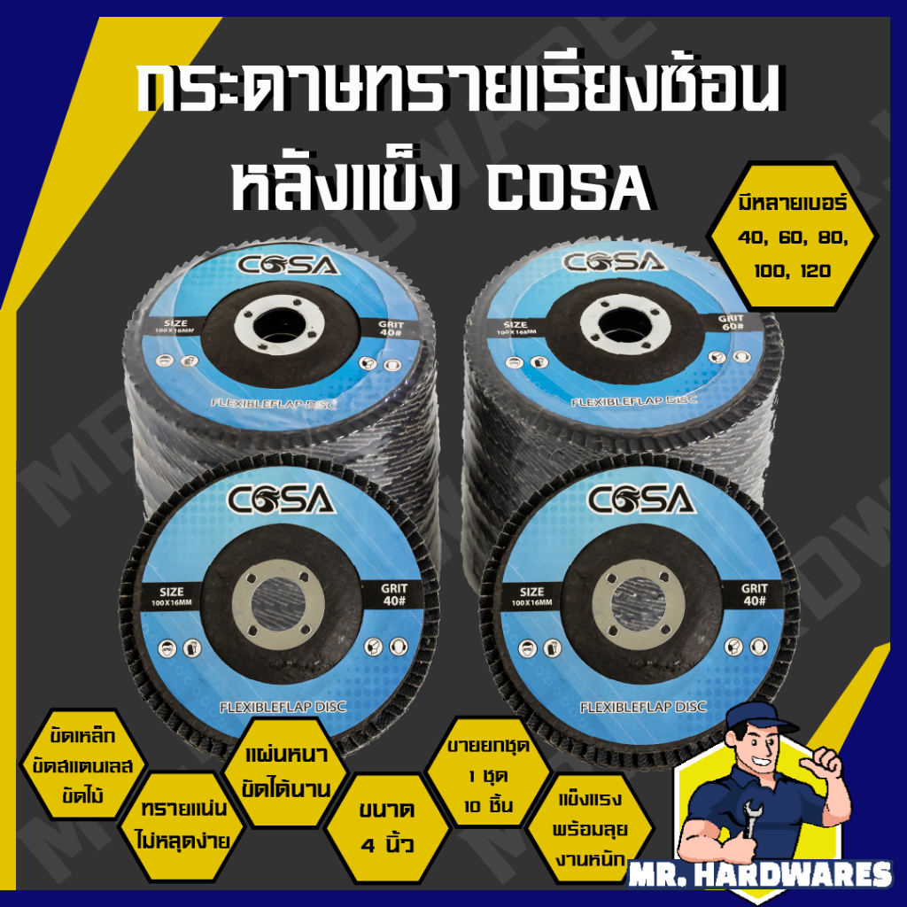 (ขายยกชุด 10 ชิ้น) กระดาษทรายเรียงซ้อน หลังแข็ง ขนาด 4 นิ้ว COSA,ZICKO หลายขนาด 40, 60, 80, 100, 120