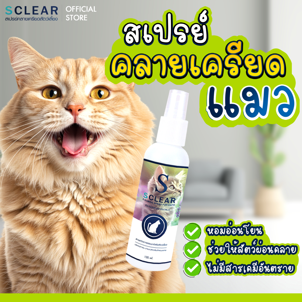 สเปรย์คลายเครียดแมว กลิ่นหอมอ่อนโยน ผ่อนคลายสำหรับแมว SCLEAR สเปรย์คลายเครียดสัตว์เลี้ยง
