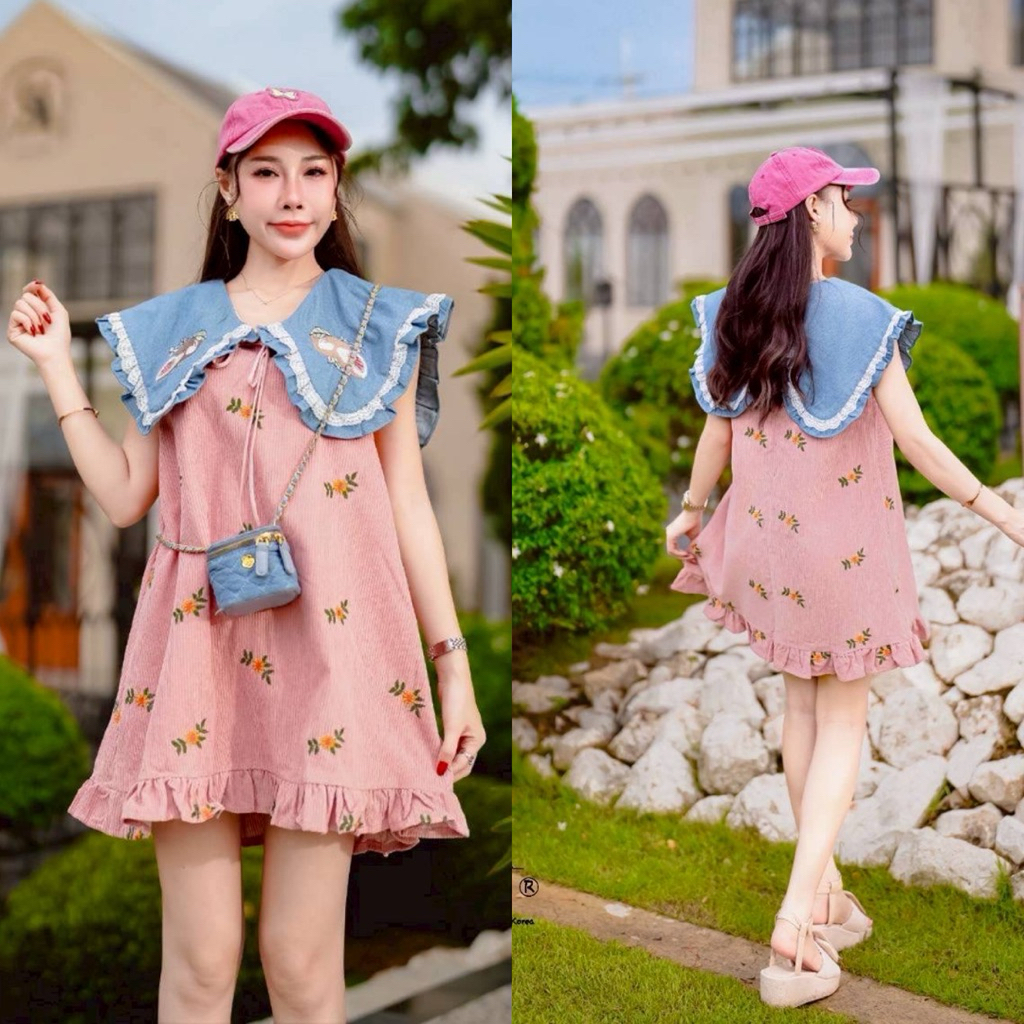 (อกใหญ่ 2 นิ้ว เอวสะโพกฟรี) เดรสสั้น ผ้าลูกฟูก คอปก ปักมะพร้าว ปักทั้งชุด งานป้าย si-am