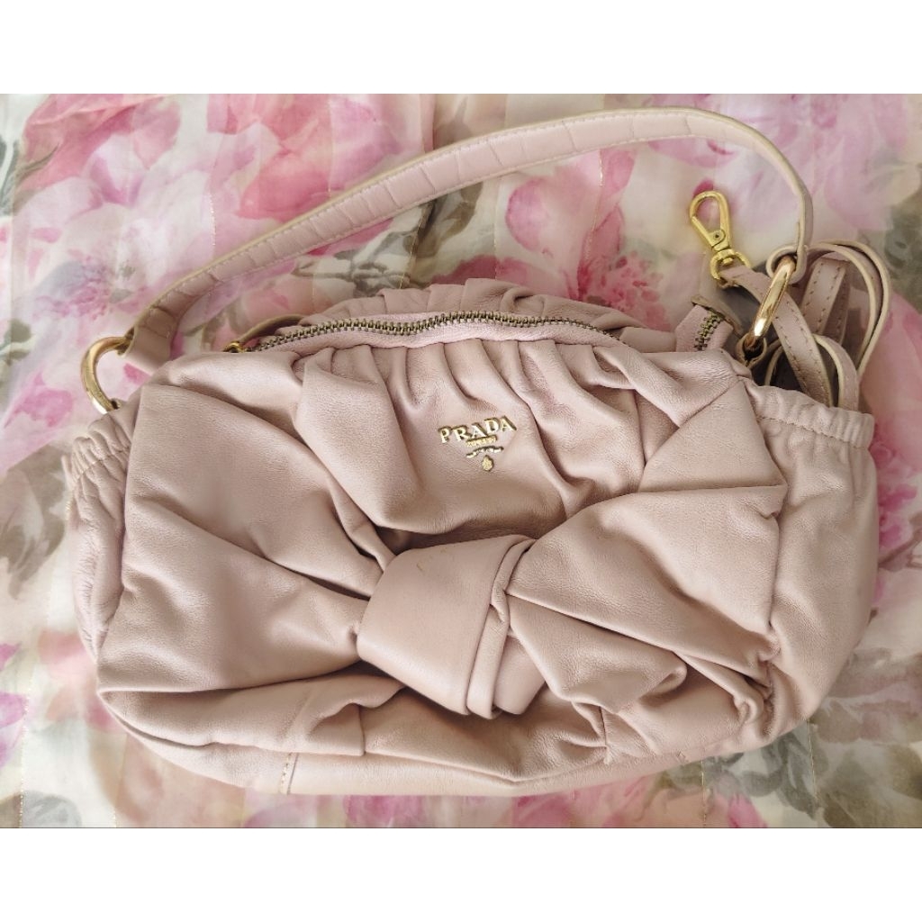 กระเป๋า prada งานเทียบ หนังวัวแท้ ผ้าทอลาย สีชมพู