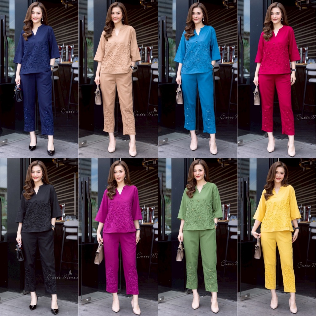 Cutie Minute อก ฟรีไซส์ 44" เอว ยางยืดรอบเอว 28"-42" ชุดเซ็ทผ้าลินินผสมฝ้าย เนื้อผ้าไม่หนามากกำลังดี