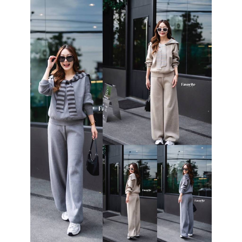 •FAVORITE• FVR 66997 Set เสื้อไหมพรม ดีเทลแต่งคอด้วยผ้าไหมพรมทอลาย ผูกคอน่ารักๆ