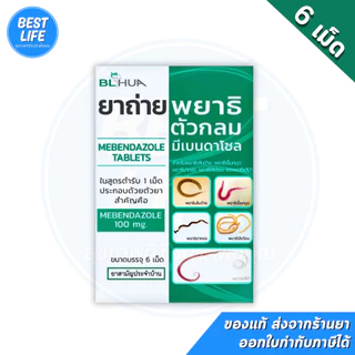 [ยาสามัญประจำบ้าน] ยาถ่ายพยาธิ มีเบนดาโซล (แผงละ 6 เม็ด) Mebendazole