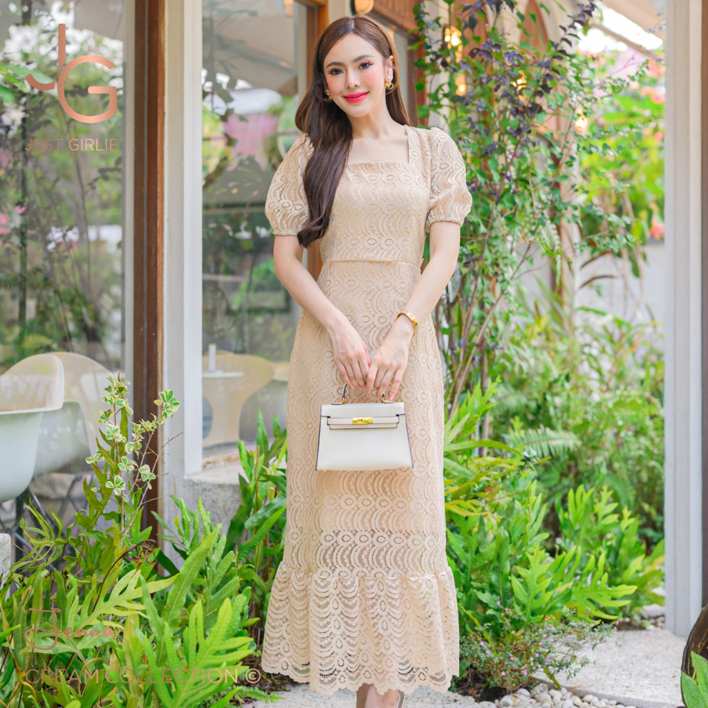 Dress Jenna 295฿ เดรสลูกไม้ยาว เดรสสาวอวบ เดรสงานบุญ ชุดใส่ออกงาน ผ้าสวย ราคาถูก พร้อมส่ง มีไซส์ S M L XL