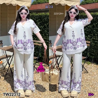 Set 3 ชิ้น เสื้อเชิ้ตกับกางเกงขายาว พิมพ์ลาย + สายผุกโบว์ TT22312