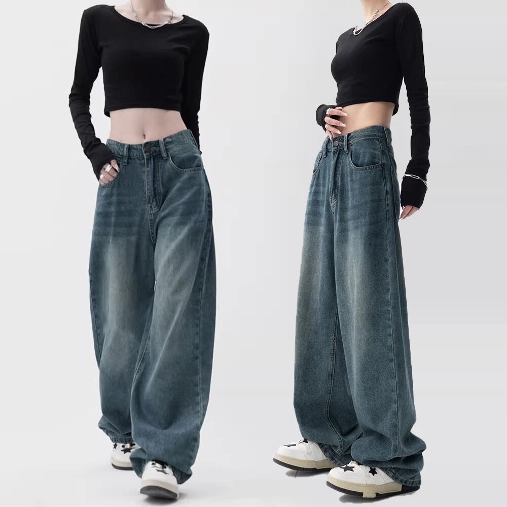 🔥919nn🔥กางเกงยีนส์ขายาว กางเกงยีนส์เอวสูง เเนววินเทจ ทรงกระบอกหลวม หลายสีให้เลือก
