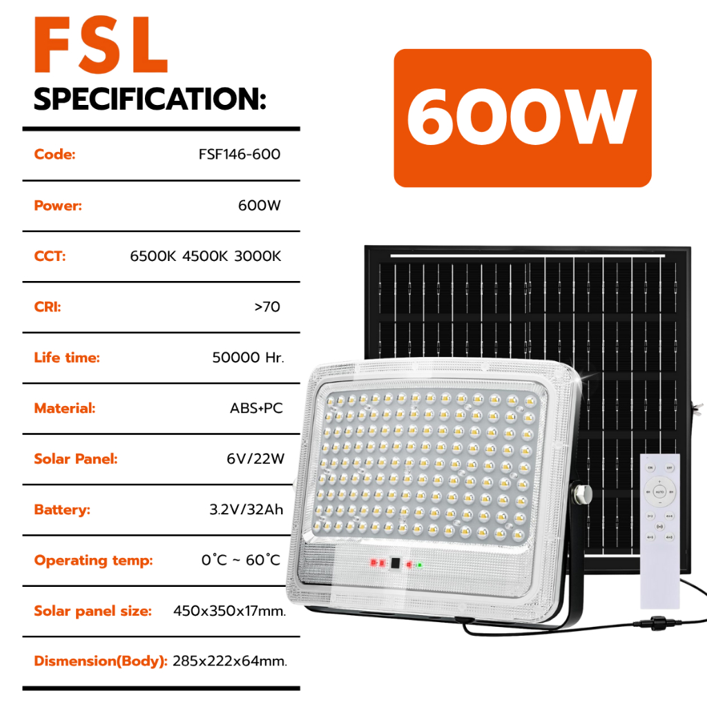 FSL สปอร์ตไลท์โซล่าเซลล์ LED FLOOD LIGHT SOLAR (รุ่นหน้าโค้ง) 200W/300W/400W/600W/800W - รูปที่ 7