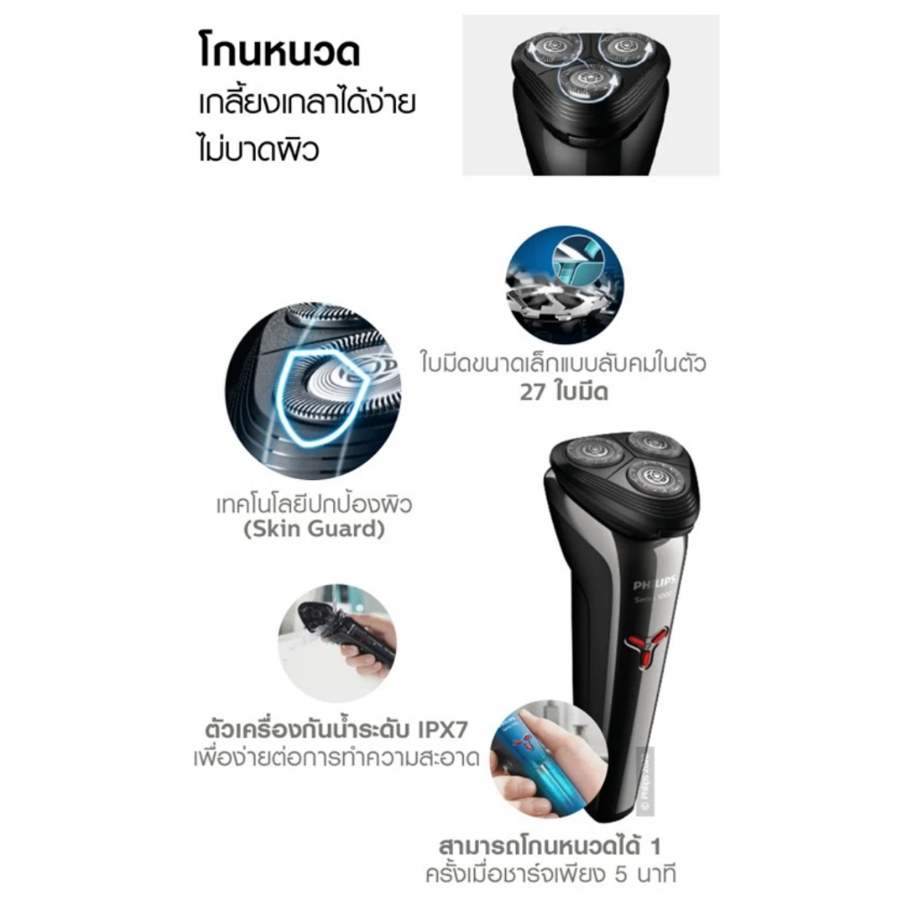 Philips เครื่องโกนหนวด Shaver series 1000 รุ่น S1103 /02 ใบมีดแบบลับคมในตัว ราคา ถูกที่สุด ดีลบีเคเค แกลเลอรีภาพที่ 6