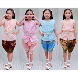 ชุดไทยเด็กหญิงผ้าลูกไม้แขนกุดเอวสม๊อคได้ 2 ชิ้น
