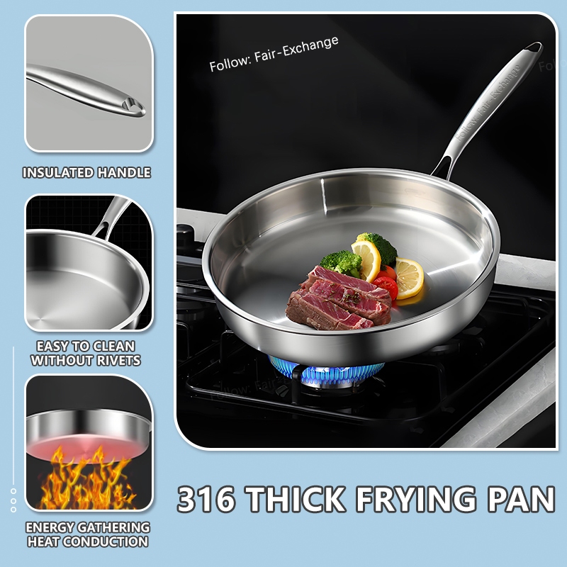 Frying Pan 316 Stainless Steel Frying Pan Uncoated Fry Pan Induction Cooker Gas Stove Compatible