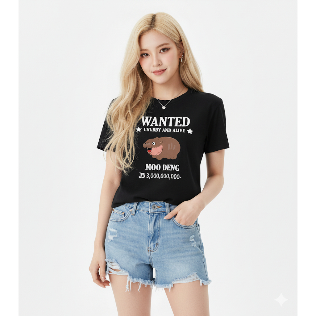 เสื้อยืด เสื้อยืดสกรีนลายหมูเด้ง WANTED สีดำ