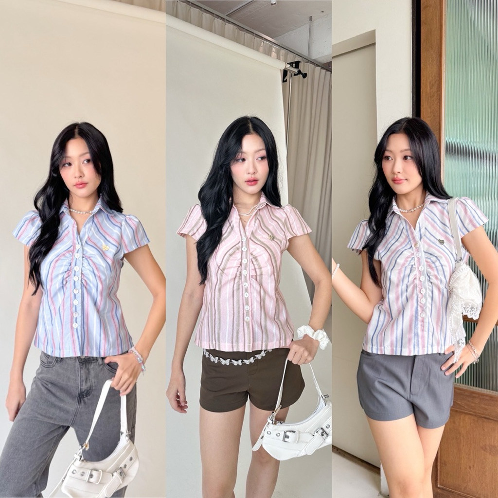 Cookies bear เสื้อเชิ้ตคอวี ผูกหลังเข้ารูป จีบอก