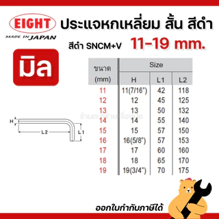 EIGHT ประแจหกเหลี่ยม สั้น สีดำ ขนาด 11 - 19 มิล ประแจแอล ประแจ (1 ตัว)