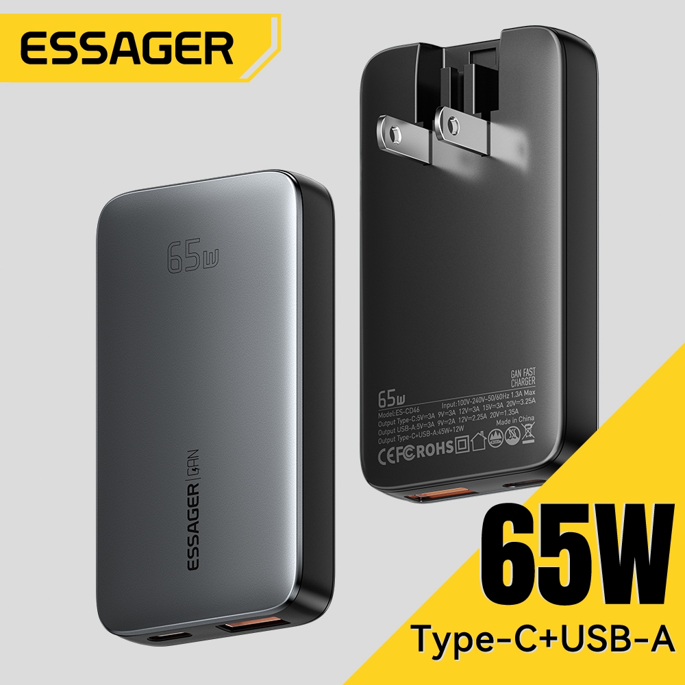 Essager 65W Type-C + USB-A GaN อุปกรณ์ชาร์จแบบพกพาบางเฉียบ