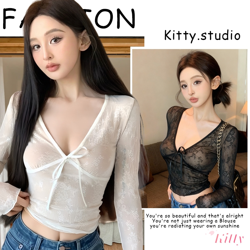 Kitty พร้อมส่ง🌸สื้อเบลาส์🌸ลูกไม้ คอวี สำหรับผู้หญิง แขนยาว ลูกไม้สีขาวโปร่งแสง สุดเซ็กซี่ ใส่แล้วดูผอม จับแมทซ์ได้ง่าย