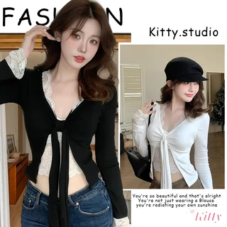Kitty พร้อมส่ง🌸เสื้อยืดแขนยาว เสื้อลูกไม้สองชั้นติดกัน คอวี มีเชื่อกผูกโปว์ได้ ทรงเข้ารูป ใส่แล้วดูผอม ไปคาเฟ่ แฟชั่น