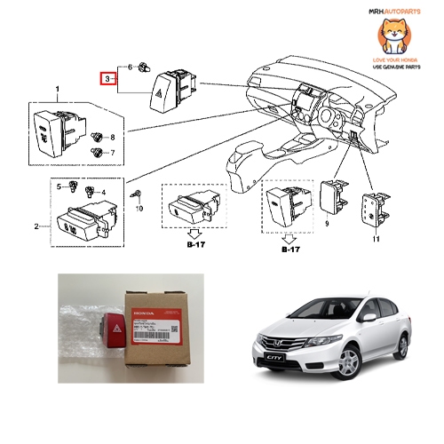 สวิทช์ไฟฉุกเฉิน Honda City 2009-2013 GM2 แท้ศูนย์จำนวน 1 ชิ้น