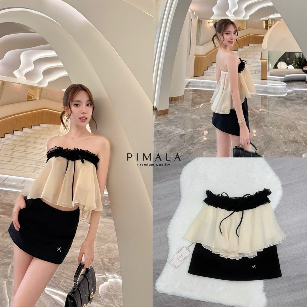 Pimala Brand เซ็ทเสื้อเกาะอกมาแบบทูโทนสวยหรู Classic black เลยค้า ใช้ผ้าหลายชั้นการันตีงานสวยมากก