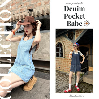 Denim Pocket Babe เดรสยีนส์สายเอี๊ยม เดรสยีนส์สั้น เดรสเกาหล…