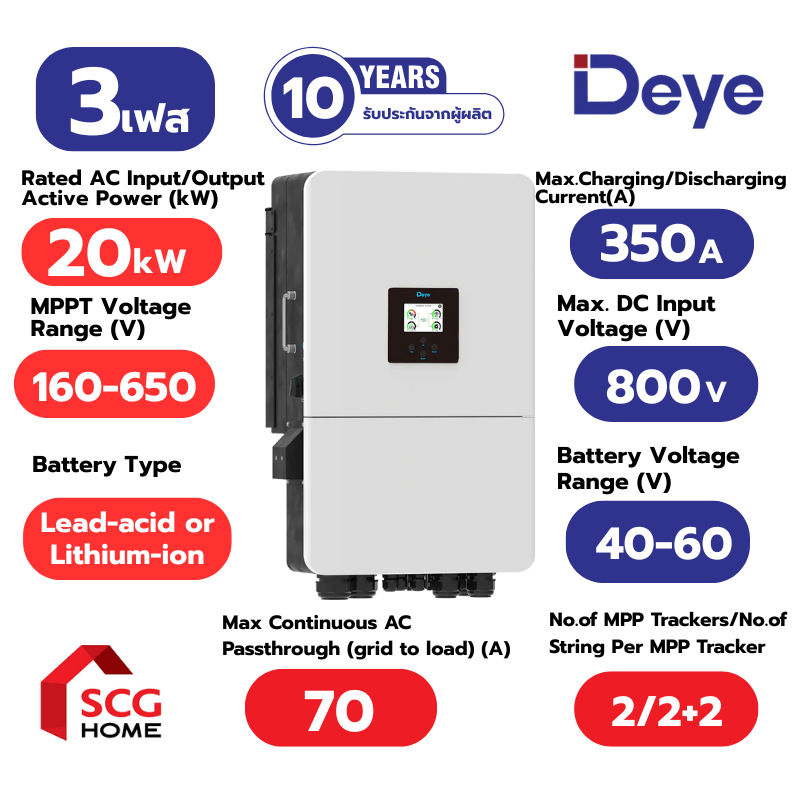 Deye อินเวอร์เตอร์ไฮบริดLV 20KW hybrid inverter SUN-20K-SG05LP3-EU-SM2 (3 เฟส) (จำกัดการขายและพื้นที