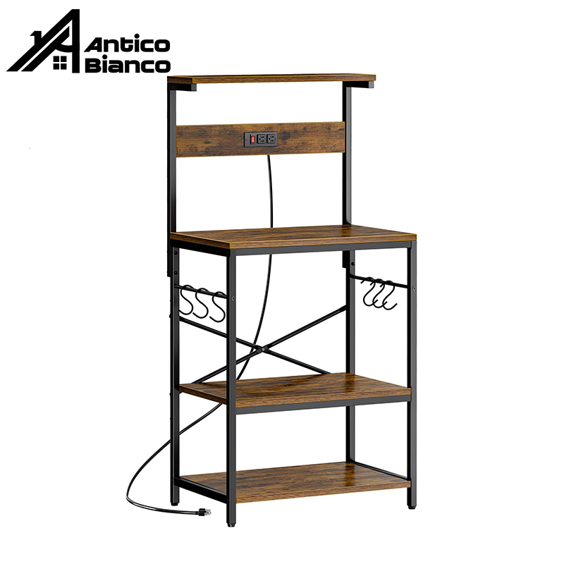 Antico ชั้นวางของ ขาตั้งไมโครเวฟ พร้อมปลั๊กไฟ[มาตรฐานยุโรป] และตะขอรูปตัว S6 อัน เหมาะสำหรับพื้นที่เก็บของในครัวขนาดเล็ก