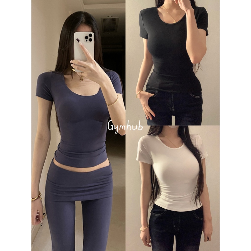 GYMHUB เสื้อยืดออกกำลังกายคอวีกว้าง แขนแบะ รวบเอว ผ้ายืดหยุ่น ใส่แล้วผอมเพรียว