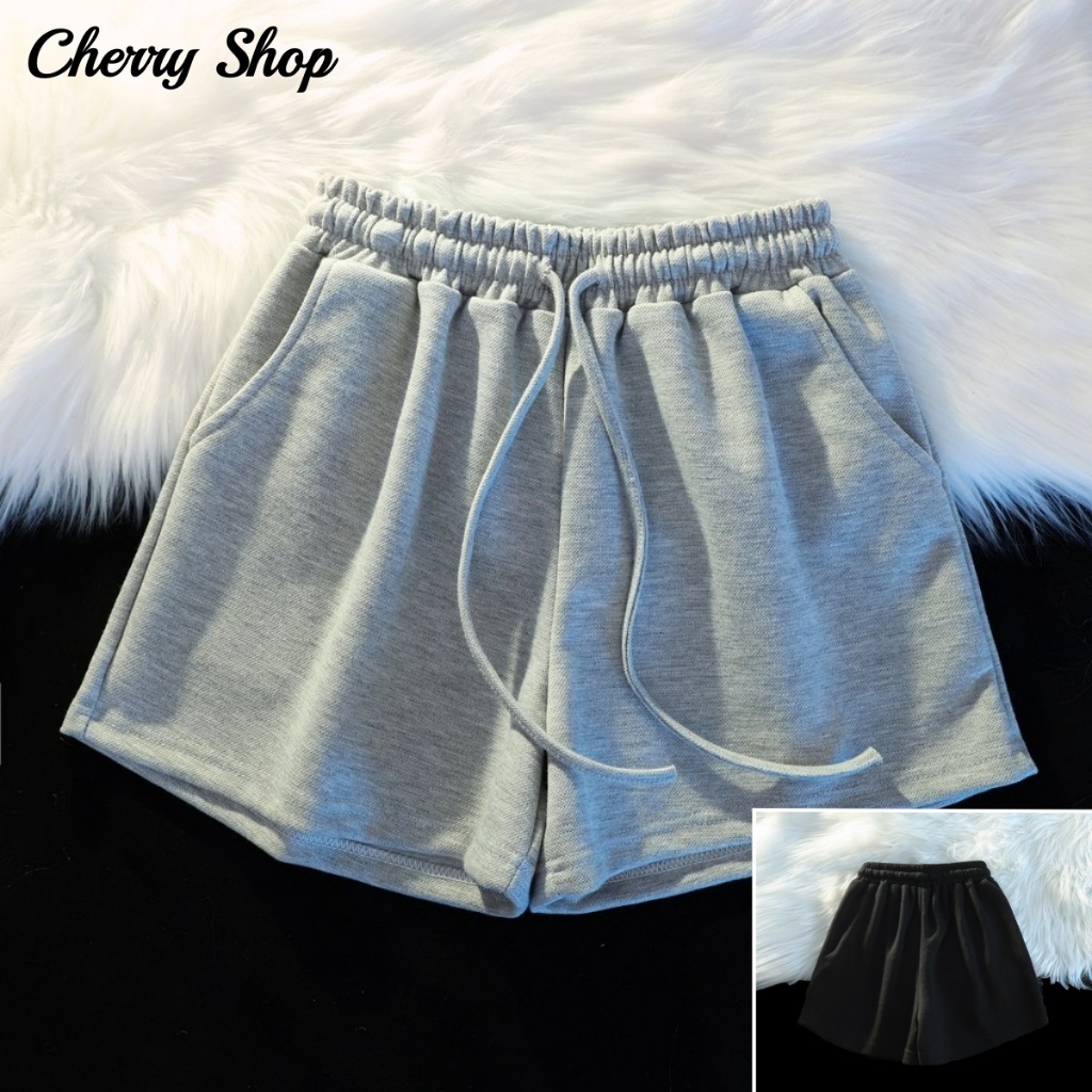 cherryshop พร้อมส่ง กางเกงขาสั้นกีฬาขากว้างสไตล์เกาหลีสำหรับผู้หญิง ทรงหลวม เอวยางยืดมีเชือกผูก เนื้อผ้าบางใส่สบาย