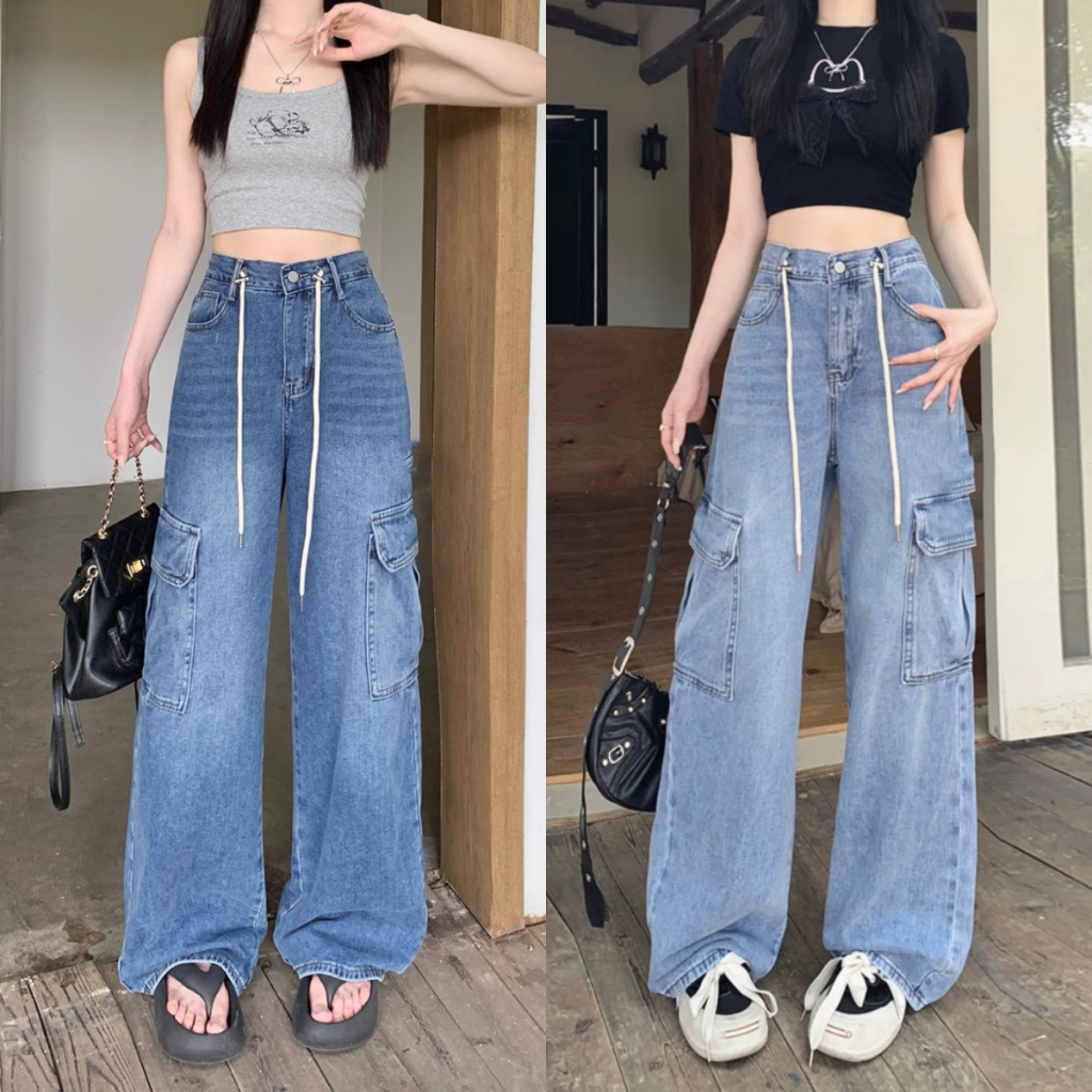 กางเกงยีนส์คาโก้ทรงช่างรูดเชือกปรับ ระดับกระบอกใหญ่baggy jeans