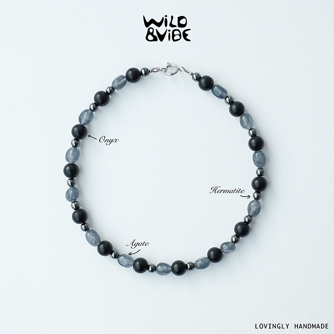 Silent Strength Necklace | สร้อยหินแท้ Onyx Agate Hematite เสริมพลังสมดุลและความมั่นคง