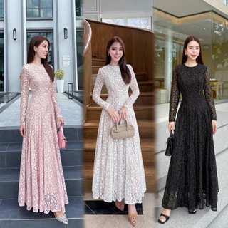 S-XXL ชุดเดรสลูกไม้แขนยาว สีขาว/ชมพู/ฟ้า/ดำ ใส่ออกงาน, ทำบุญ ไปงานแต่งงาน งานบวช #Alicia #Abigail