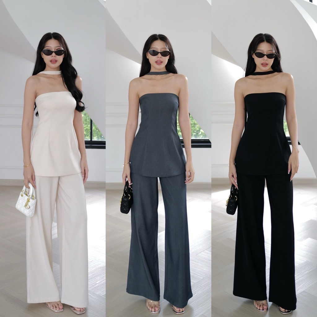 FK : เซ็ต 3 ชิ้น เกาะอก ตัวยาว ซับใน กับ กางเกง ขายาว ซิปหลัง กับ เชือกพันคอ โช็คเกอร์ แมทกับ ส้นสูง