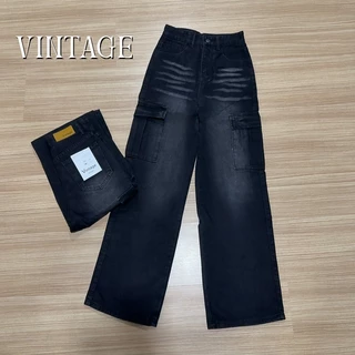 Vintage รุ่น Q6667 กางเกงยีนส์ คาร์โก้ ทรงกระบอก แต่งเฟดขา ทรงสวยผ้าไม่ยืด กระเป๋าตรง 2 ใบ