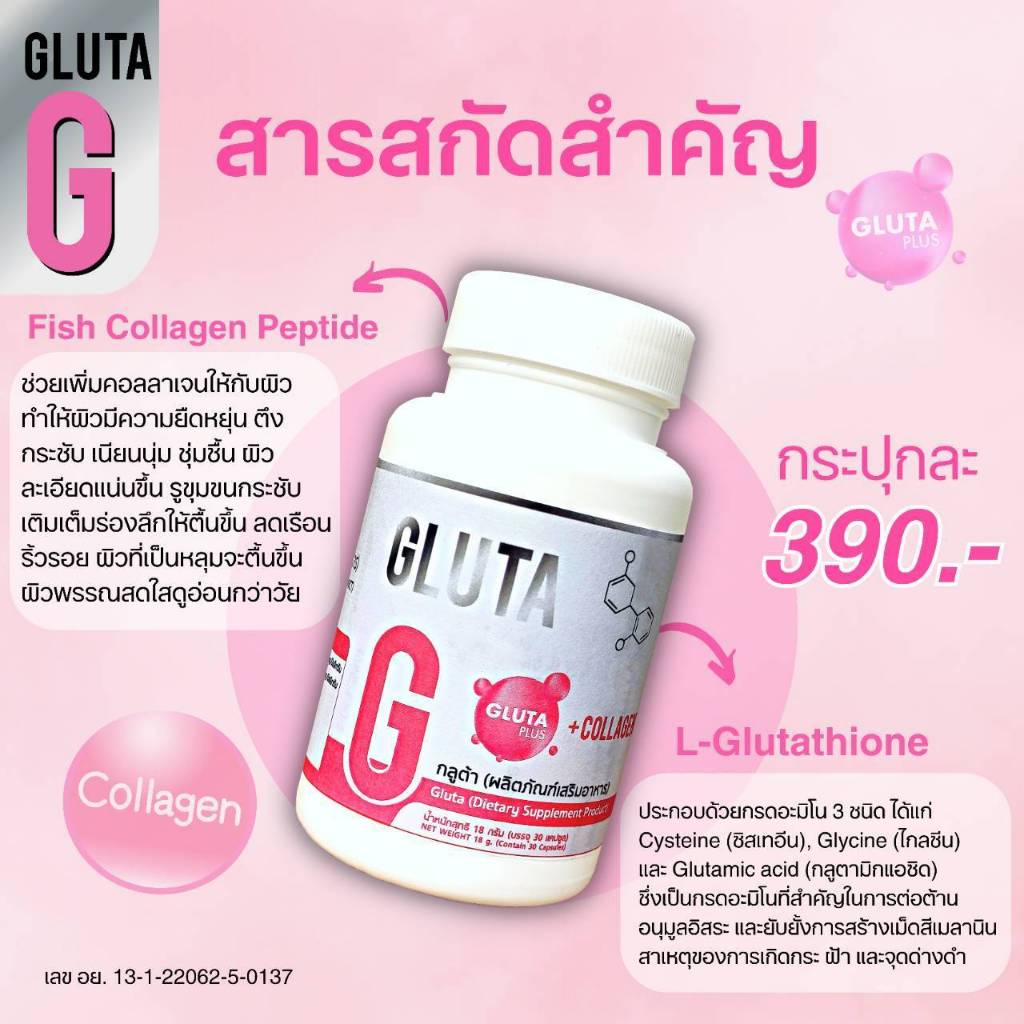 กลูต้าจี กลูต้าและคอลลาเจนบำรุงผิวมี30ซูน โรงงานไทยมีอย.ผลิตใหม่