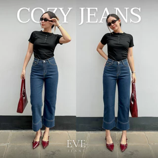 ยีนส์ป้ายEVE รหัส 5505 ทรงกระบอกกลาง ขาเต่อ แต่งปลายขาเย็บตัดต่อ ผ้ายืดนุ่ม