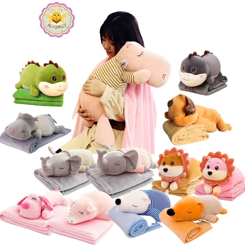 ตุ๊กตาหมอนผ้าห่ม ผ้าห่มนาโน 1.1x1.6 m  หมีขี็เซา ฮิปโป ช้าง หมู หมา alicdolly