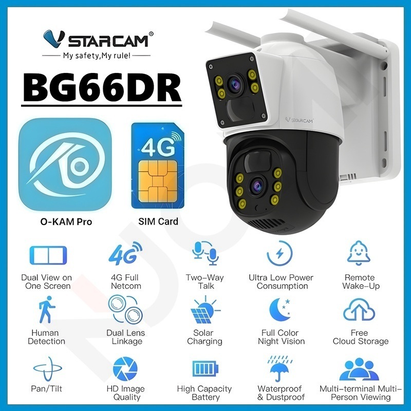 VSTARCAM BG66DR 4G LTE SIM SUPER HD 1296P 3MP x 2 เลนส์กล้อง กล้องวงจรปิดใส่ซิม พร้อมแผงโซล่าเซลล์
