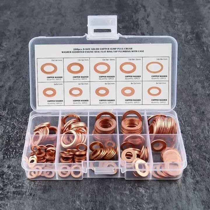 200ตัว แหวนอลูมิเนียมรองน๊อตถ่ายน้ำมันเครื่อง มอเตอร์ไซต์และรถยนต์ #แหวนรองน้ำมัน #แหวนก้นแคร้ง 9 ขนาดแหวนแบนชุด