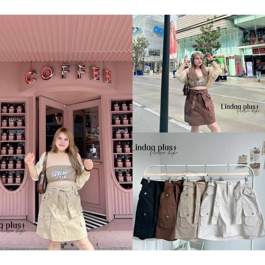 กระโปรงกระเป๋าทรงเท่ห์ ทรงคาโก้ มาพร้อมเชือกผูกเอว สไตล์นี้มาแรงสุดๆ เสื้อผ้าสาวอวบอ้วน พลัสไซส์ ไซส์ใหญ่ LP